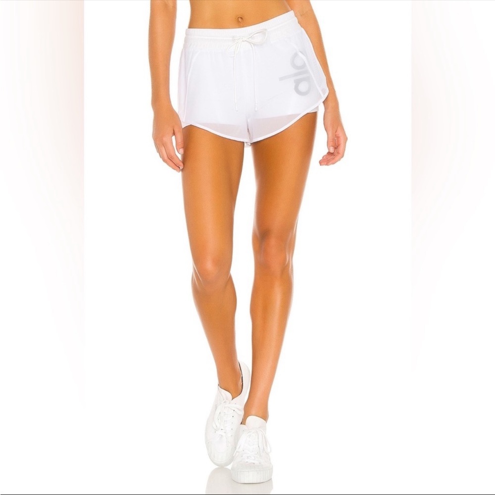 ALO yoga ambience shorts white with black logo